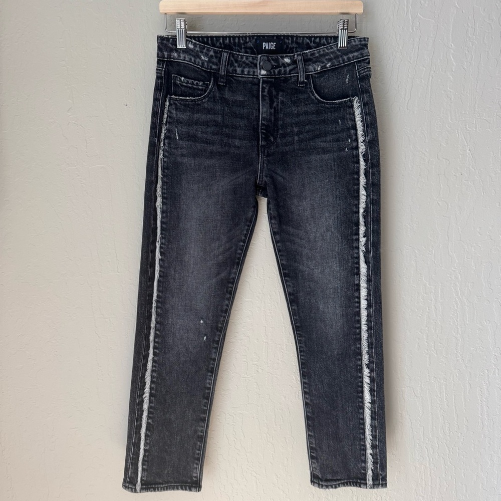 PAIGE Brigitte Fringe Trimmed Mid-Rise Slim Jeans Black Size 27 - Picture 6 of 16